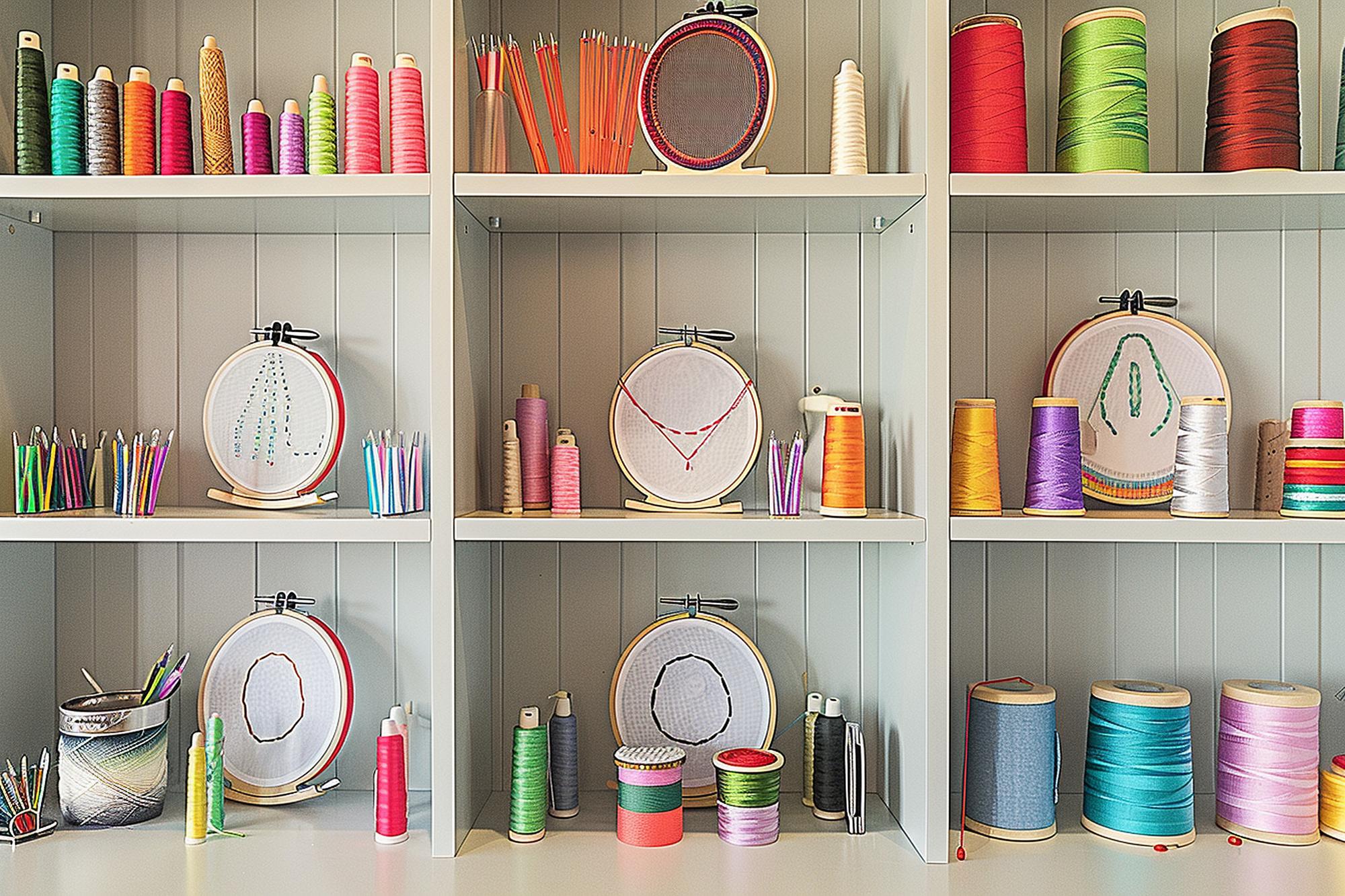 Embroidery studio interior with shelves and threads